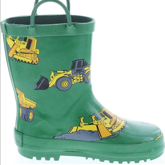 NWT/NIB Foxfire for Kids Green with Constuction Equipment Rubber Boots, Size 8 - Picture 2 of 2